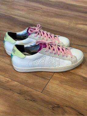 P448 John Dogma Sneakers White Leather Pink Glitter Neon Accents EU 37 US 6.5-7